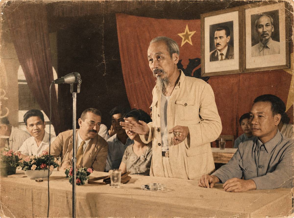 Bác căn dặn thầy trò trong lần thứ hai về thăm, 17/6/1960 — bên phải là Bộ trưởng Nguyễn Văn Huyên, bên trái là Hiệu trưởng Tạ Quang Bửu.